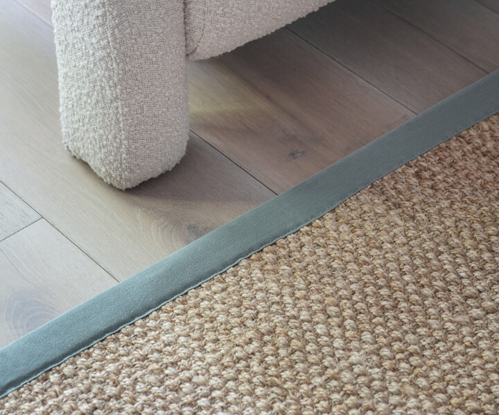 Alternative Flooring, Trend Watch Inspiration, Autumn 2024, Jute Panama Flapjack bespoke rug with a Cotton Pea Green border