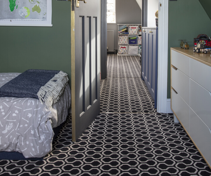 Alternative at Home with The Pink House, Emily Murray, British Patterned Quirky B Honeycomb Black children's bedroom carpet